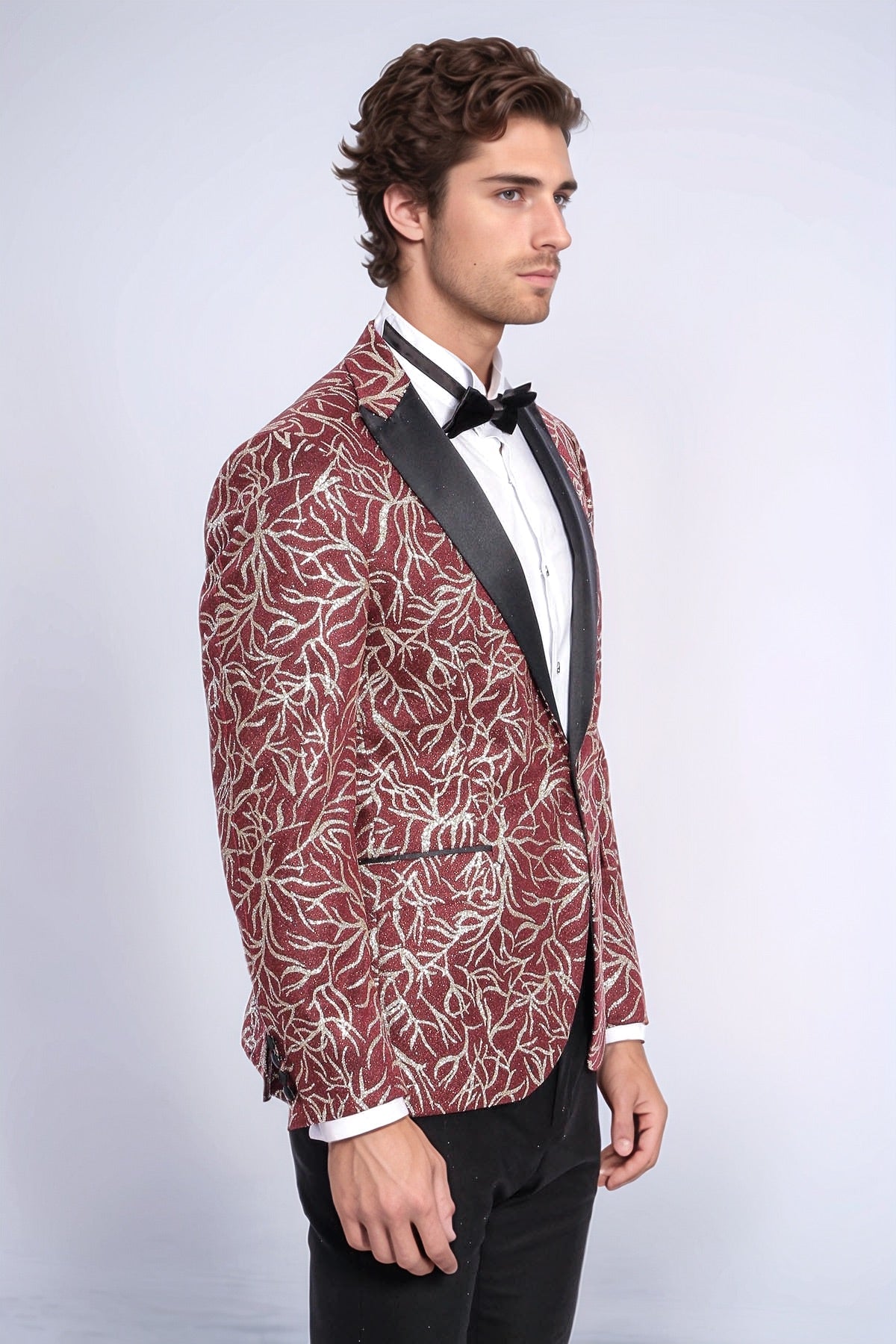 Sparkling Ivy Patterned Slim Fit Burgundy Men Evening Tuxedo Jacket - Wessi