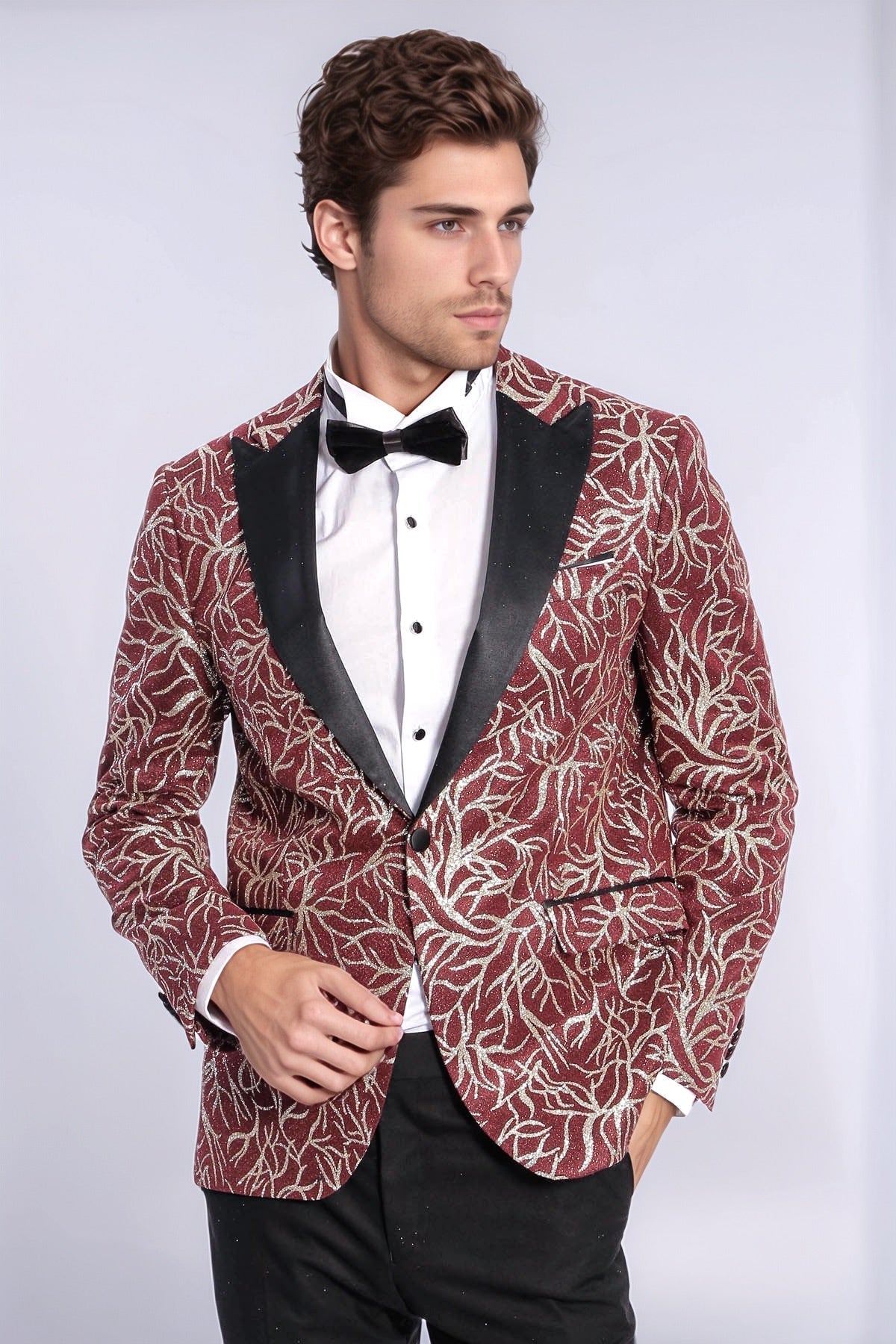 Sparkling Ivy Patterned Slim Fit Burgundy Men Evening Tuxedo Jacket - Wessi