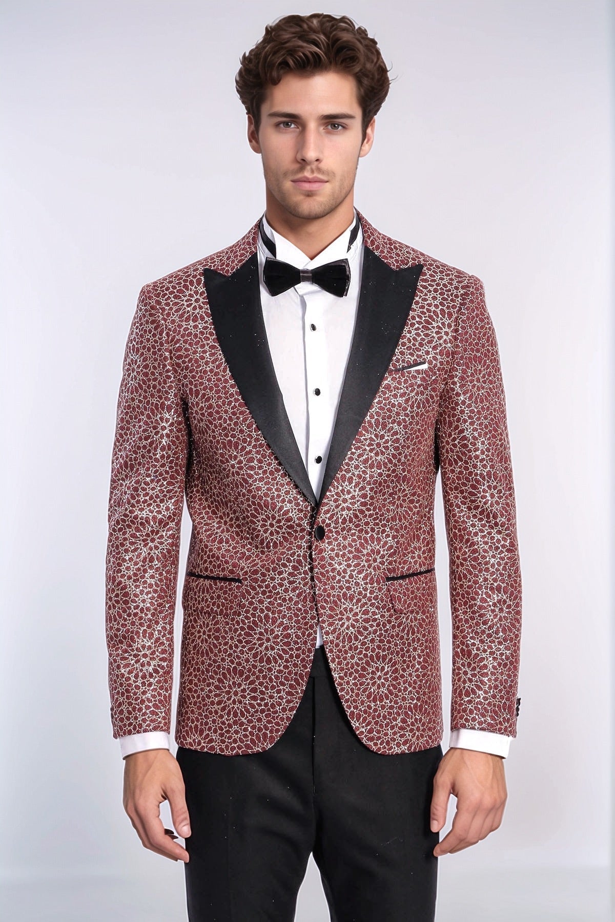 Flower Embroidered Pattern Burgundy Men Tuxedo Blazer - Wessi