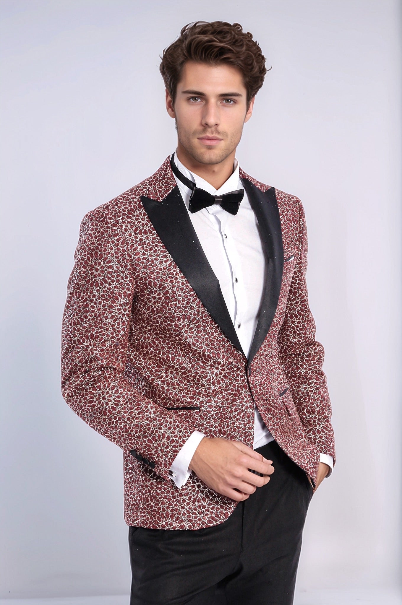 Flower Embroidered Pattern Burgundy Men Tuxedo Blazer - Wessi