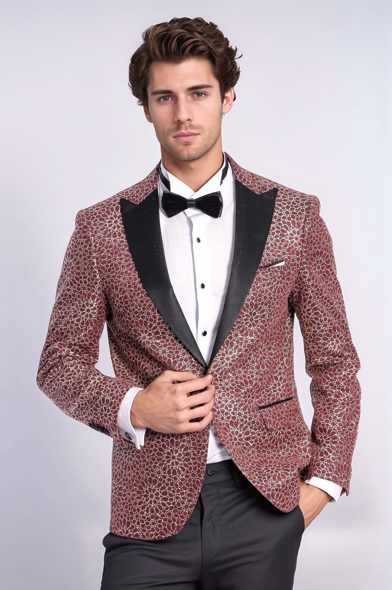 Flower Embroidered Pattern Burgundy Men Tuxedo Blazer - Wessi