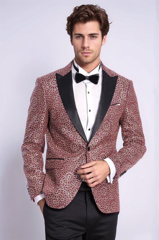 Flower Embroidered Pattern Burgundy Men Tuxedo Blazer - Wessi