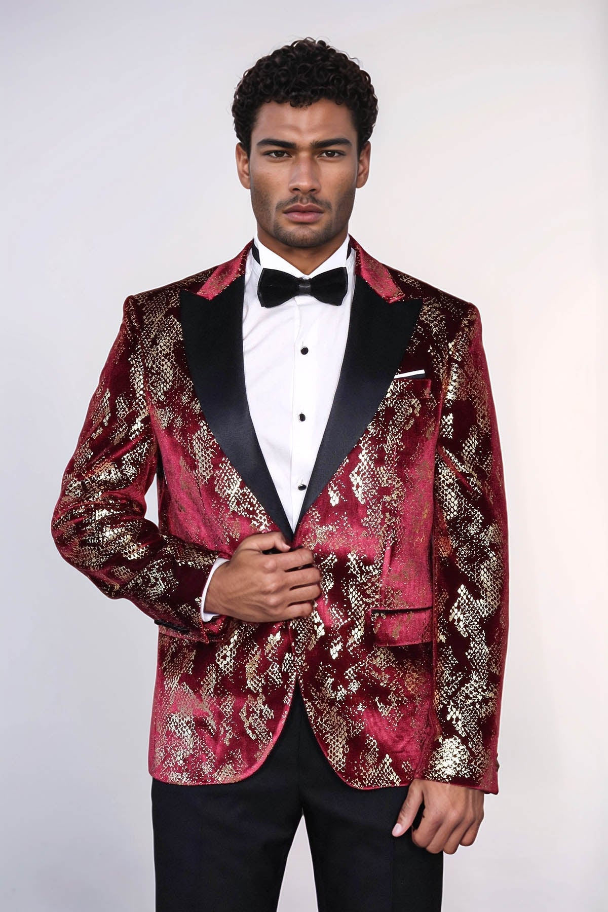 Peak Lapel Slim Fit Gold Patterned Burgundy Men Party Blazer - Wessi