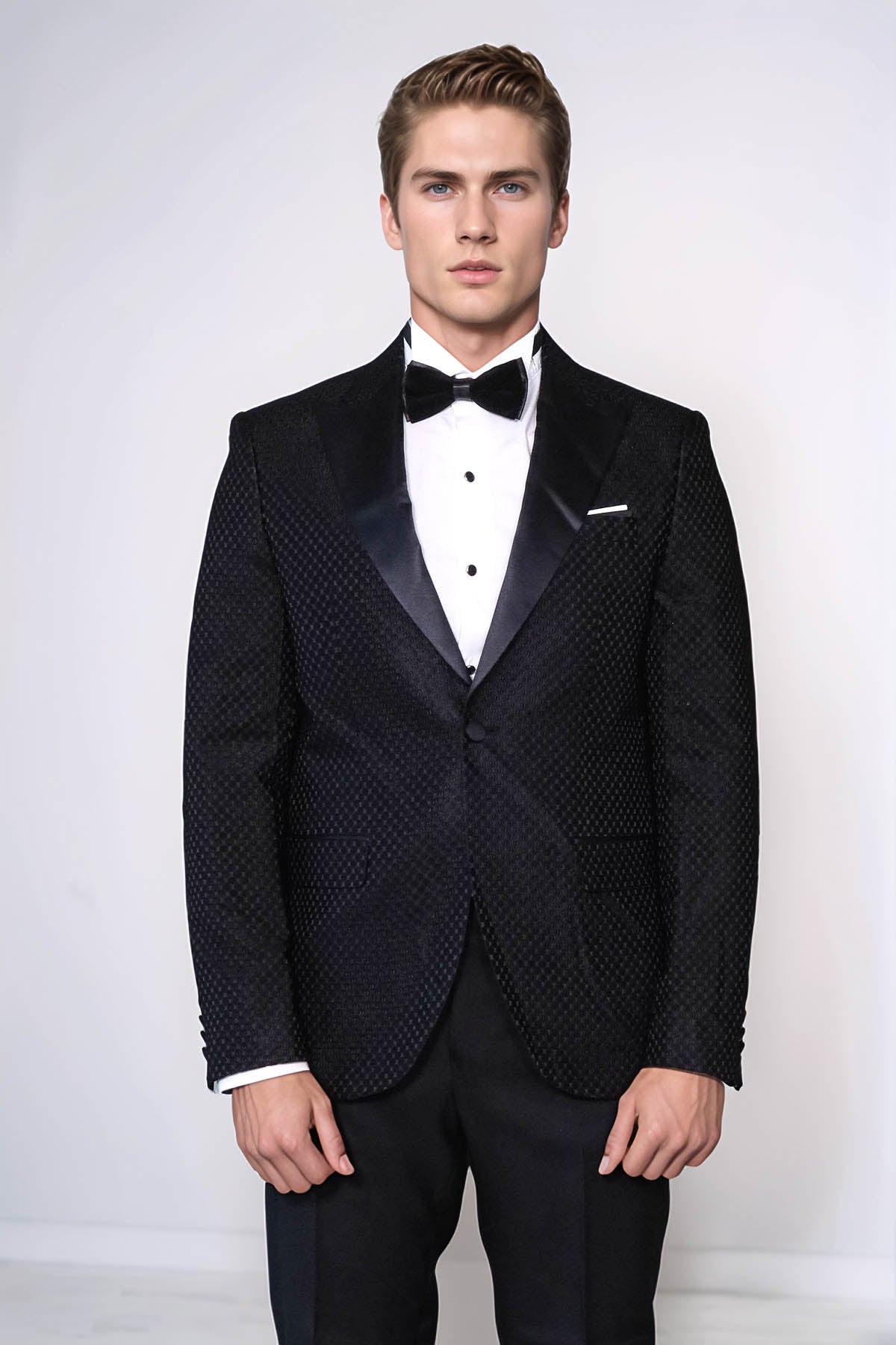 Satin Peak Lapel Textured Men's Royal Black Tuxedo Jacket - Wessi