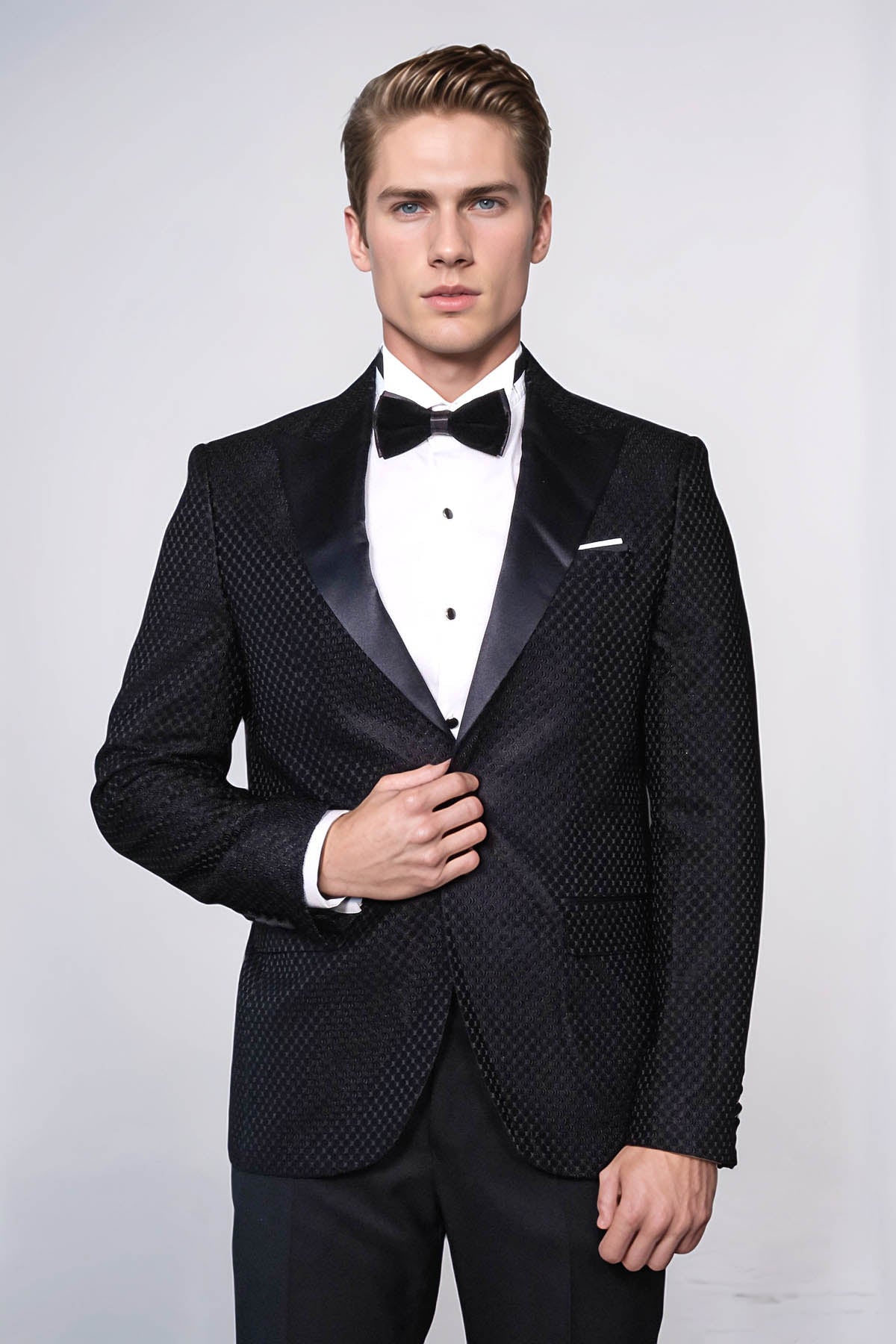 Satin Peak Lapel Textured Men's Royal Black Tuxedo Jacket - Wessi