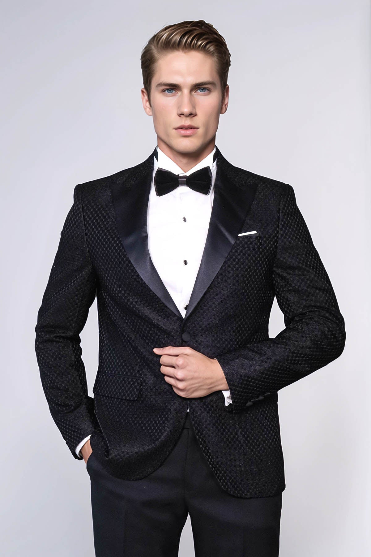 Satin Peak Lapel Textured Men's Royal Black Tuxedo Jacket - Wessi