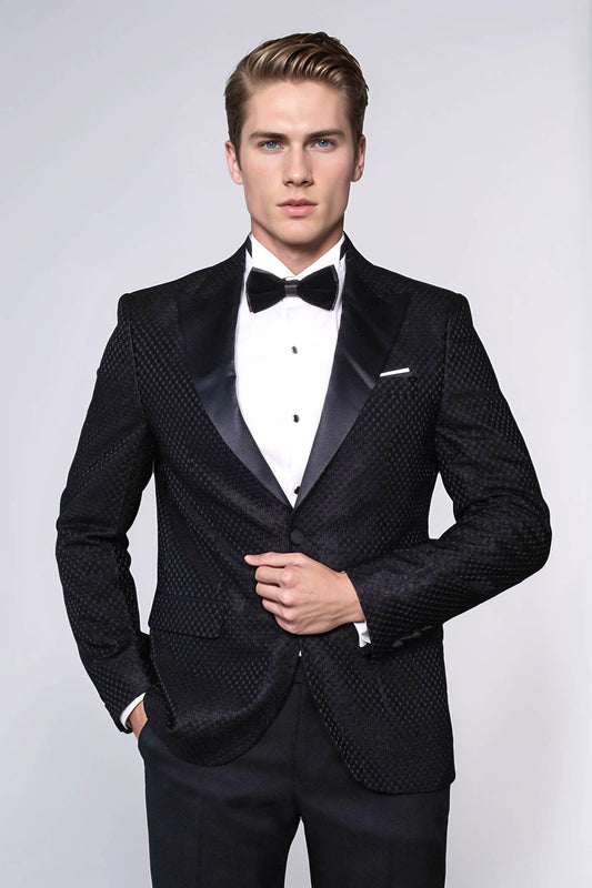 Satin Peak Lapel Textured Men's Royal Black Tuxedo Jacket - Wessi