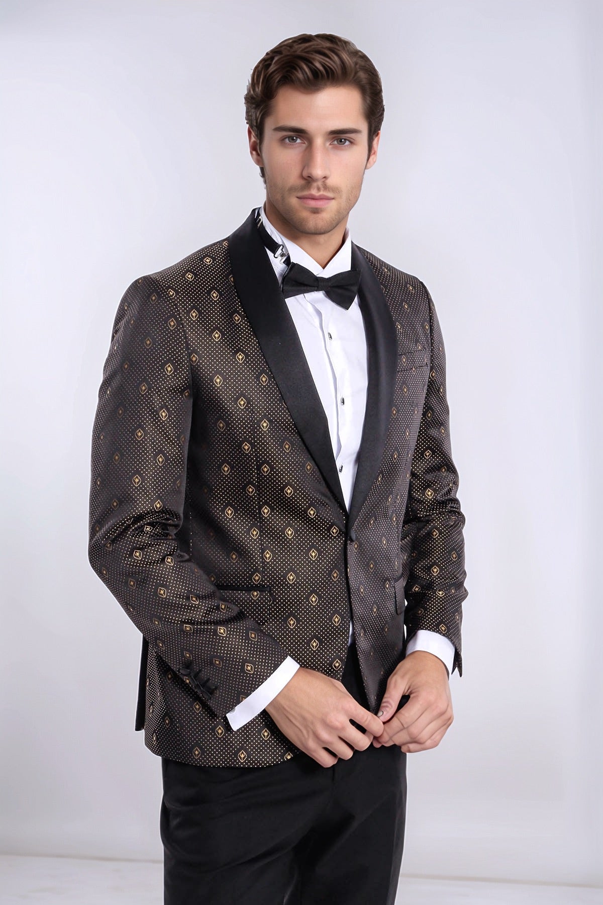 Shawl Lapel Gold Dot Patterned Over Black Men Tuxedo Blazer - Wessi