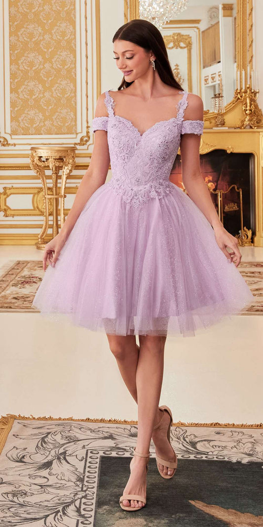 Cinderella Divine CD0132 Short A-Line Dress Off The Shoulder Glitter Tulle Skirt