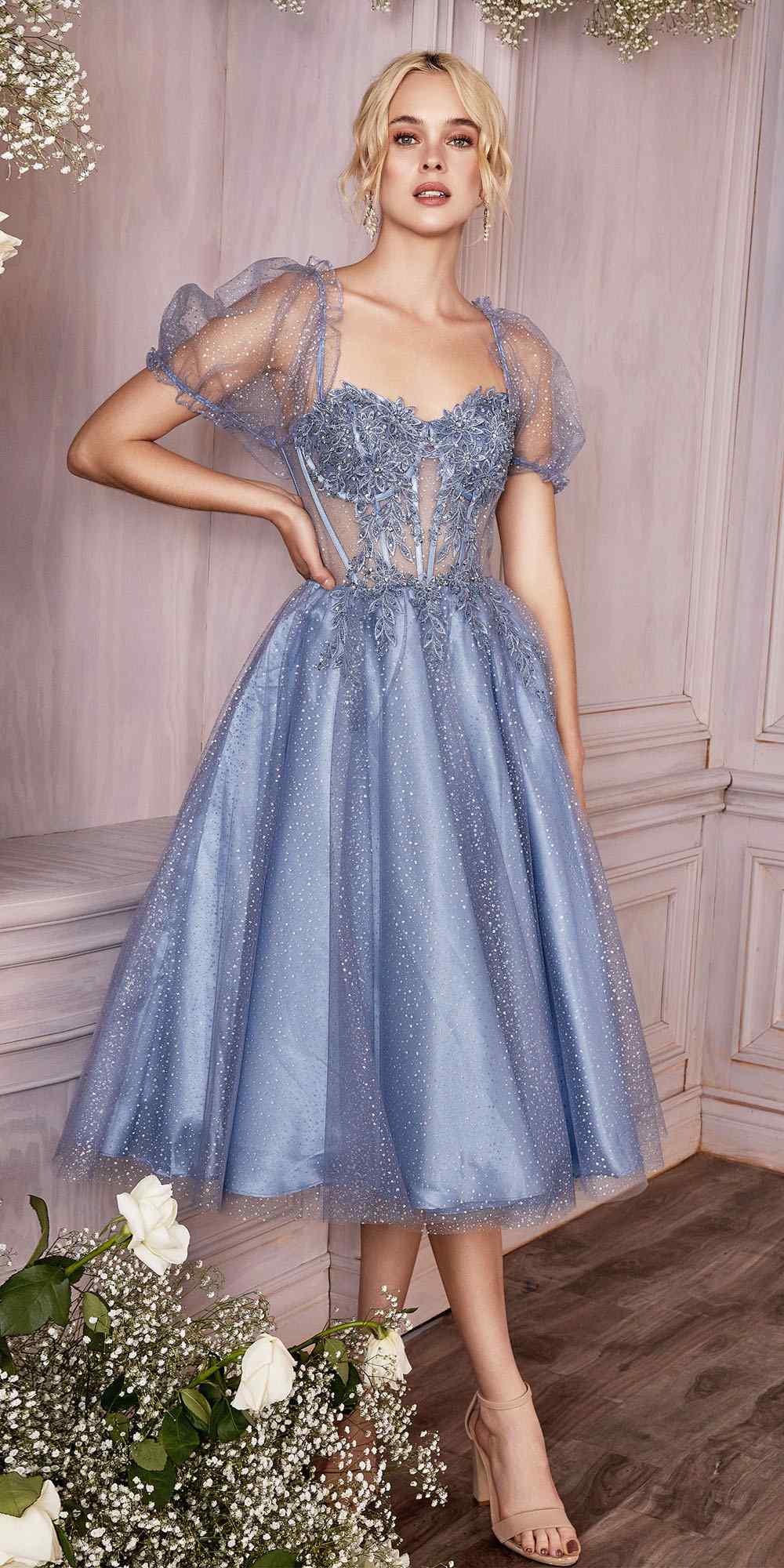 Cinderella Divine CD0187 Tea Length Layered Tulle Dress with Short Puff Sleeves