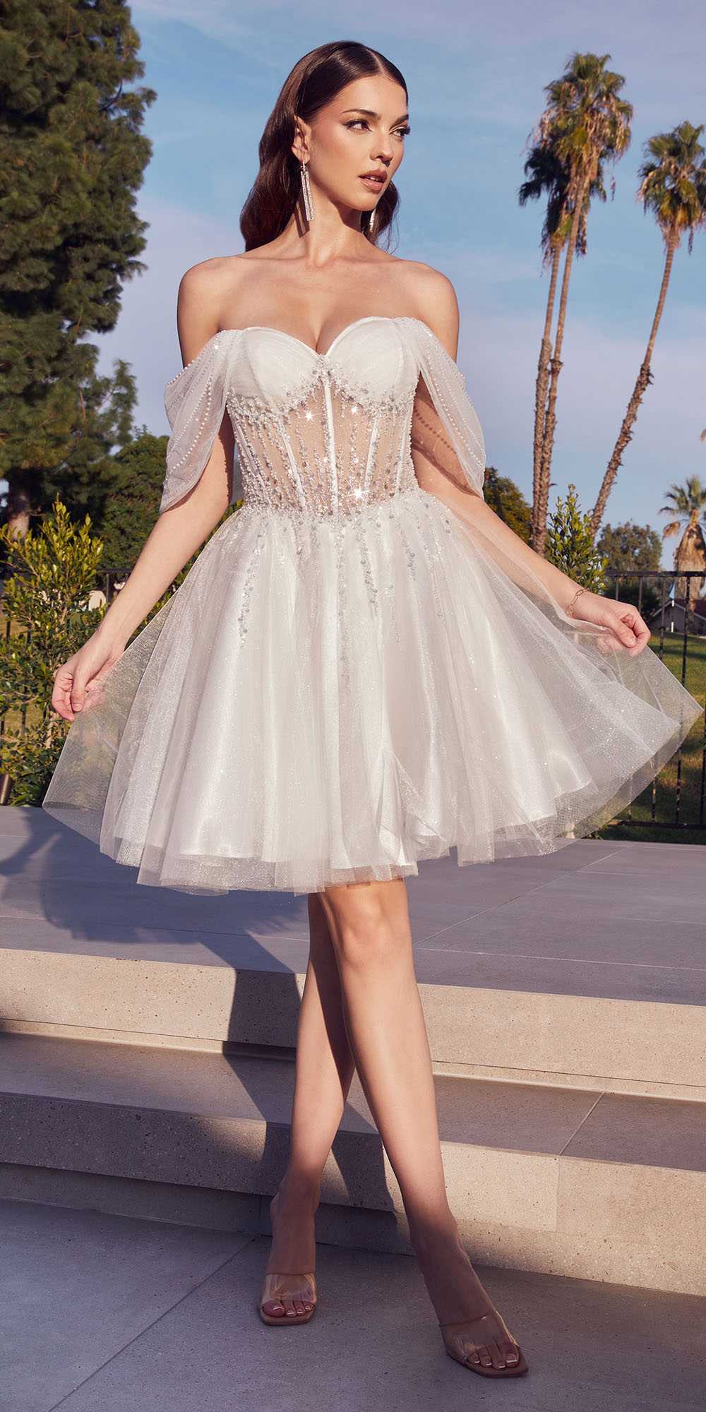 Ladivine CD0211 Off The Shoulder Embellished A-Line Short Corset Bodice Dress