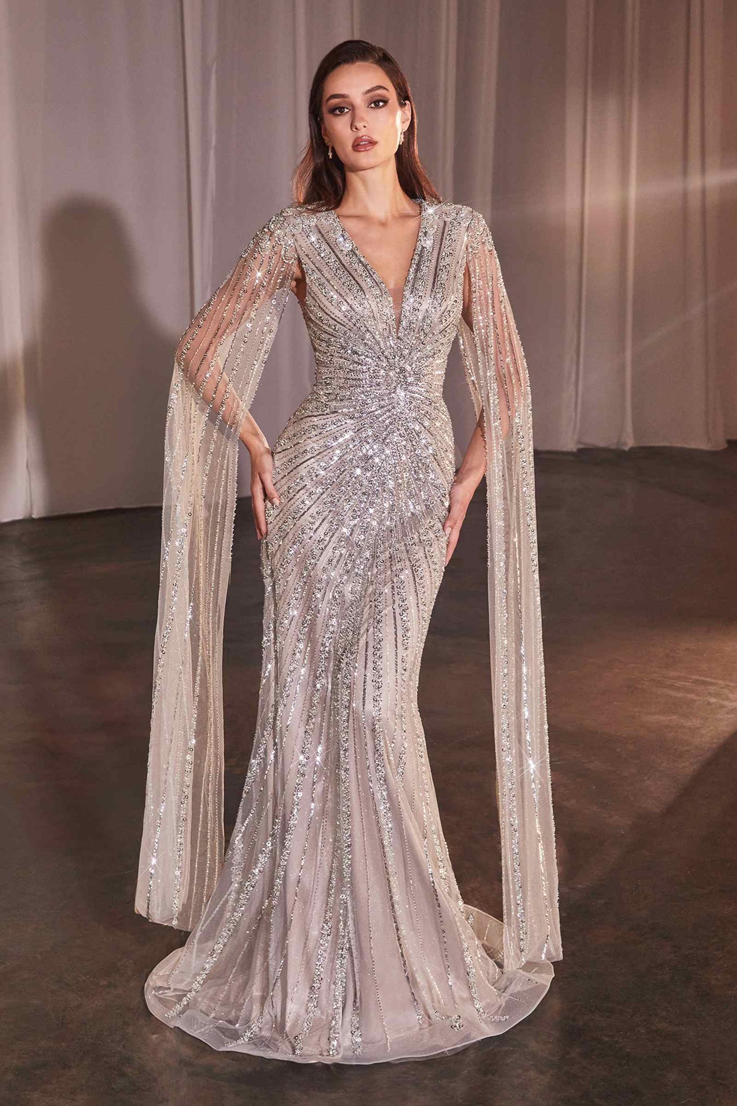 Ladivine CD0239 Long Sleeve Fully Beaded Sheath Gown