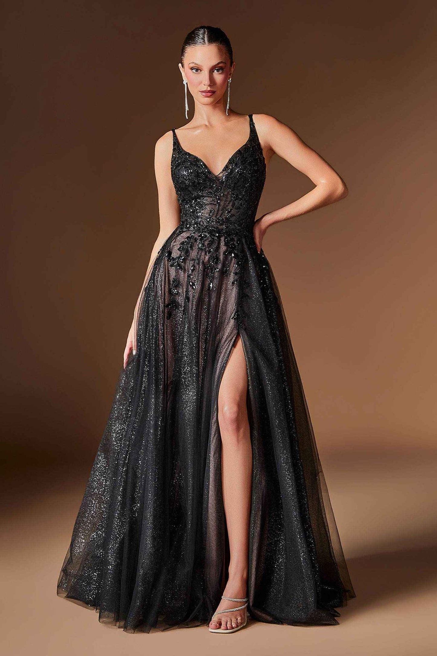 Ladivine CD2412 Magical A-Line Floral Applique Glitter Tulle Gown
