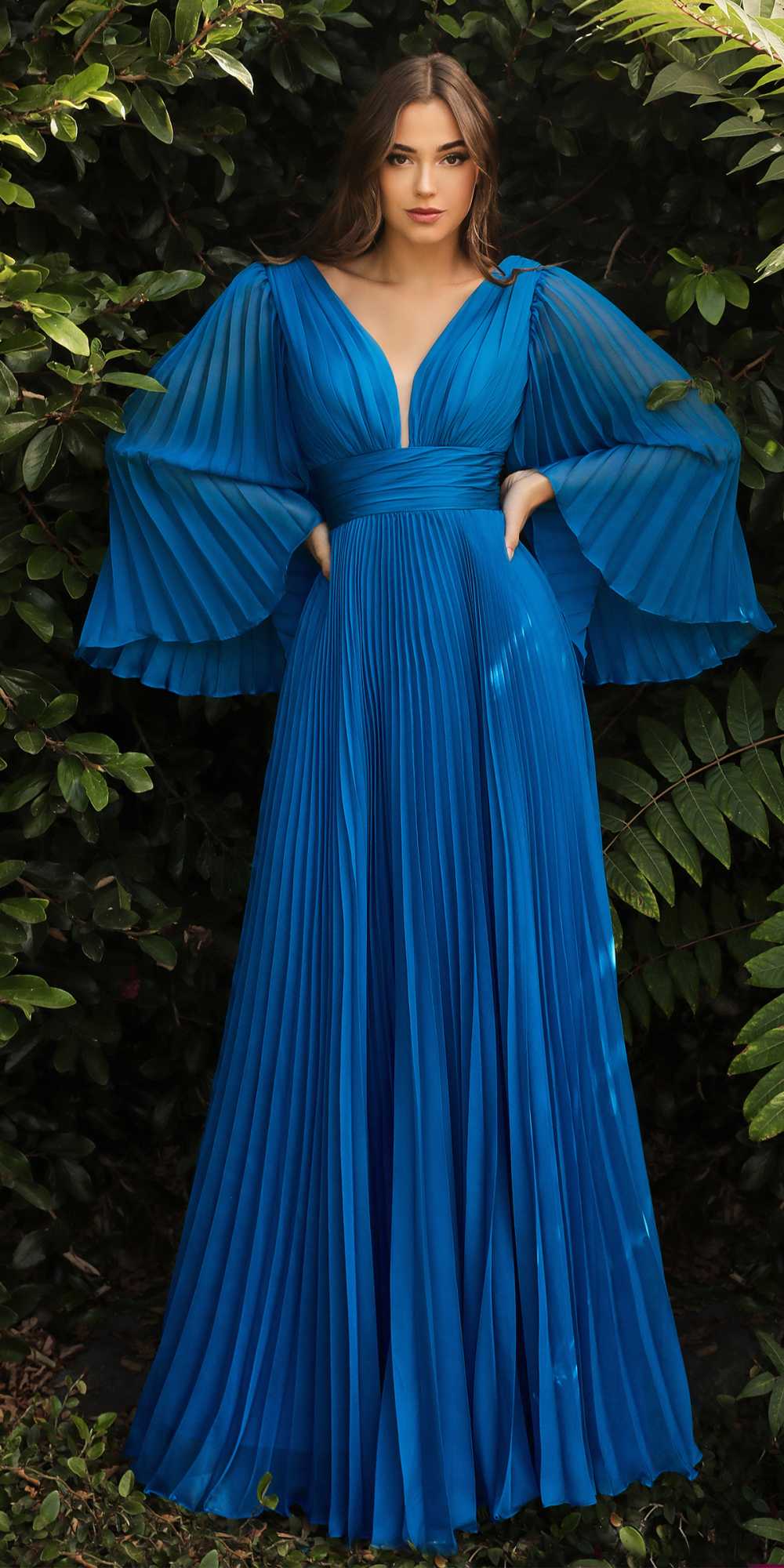 Cinderella Divine CD242 Pleated Chiffon Long Sleeve Gown