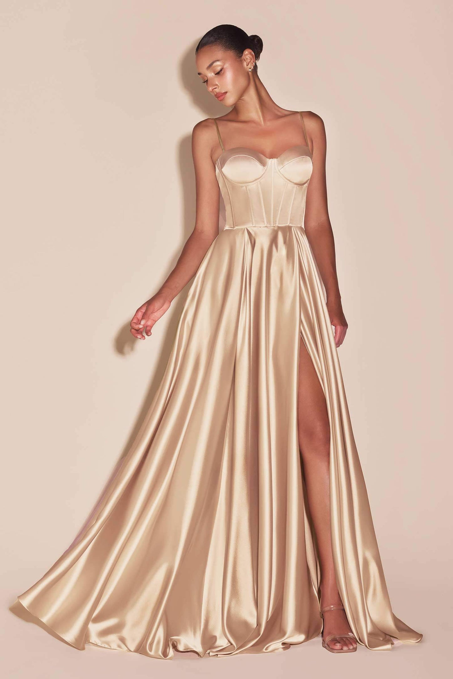 Ladivine CD337 Long A-Line Slit Satin Bustier Dress