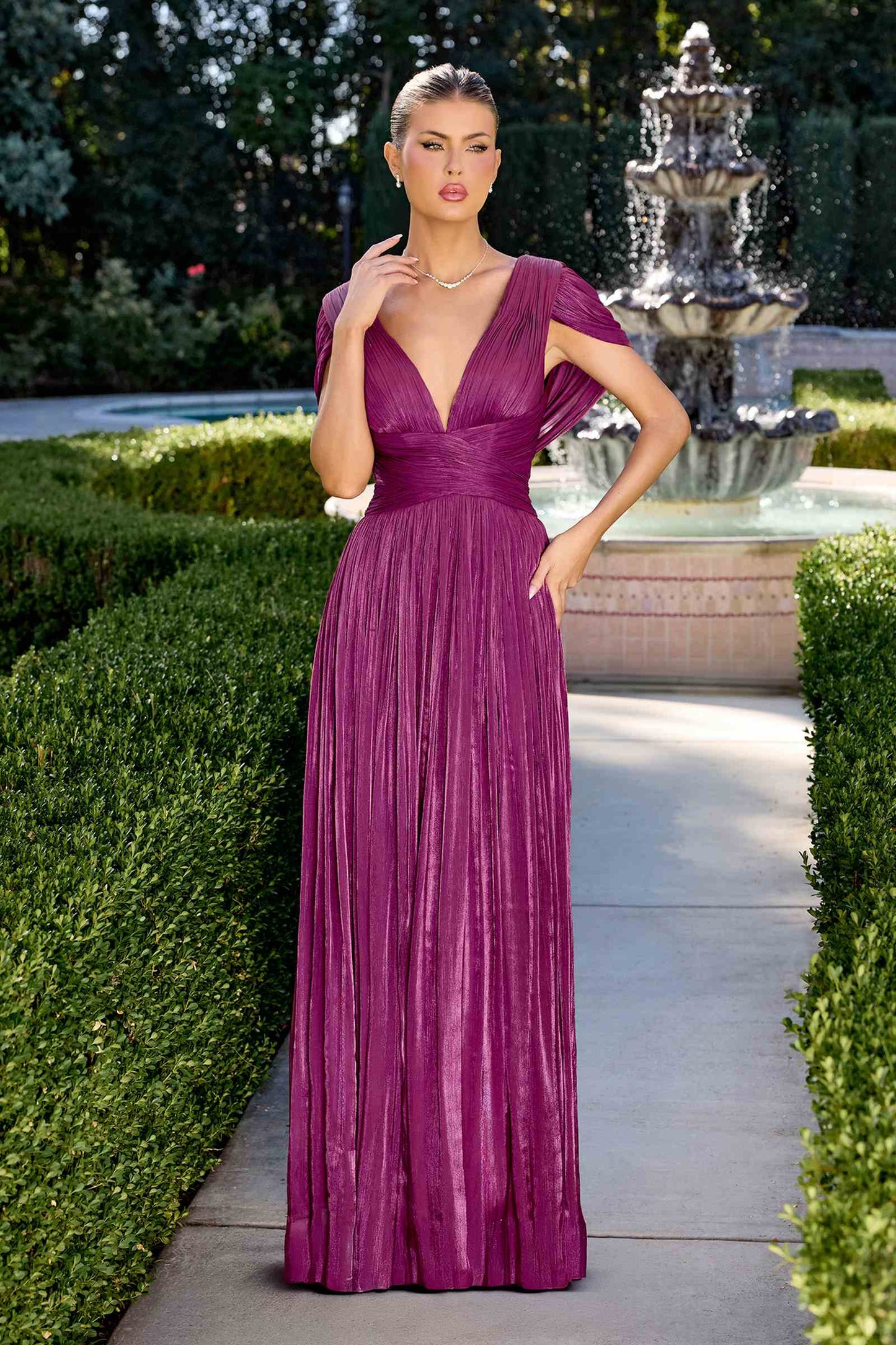 Ladivine CD413 Ethereal Shimmering Pleated Chiffon A-Line Gown