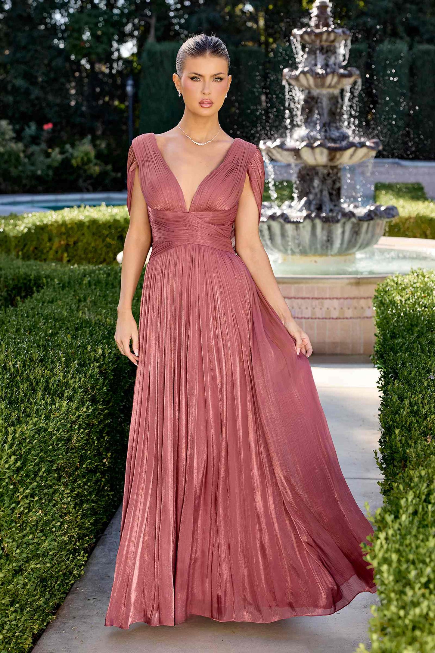 Ladivine CD413 Ethereal Shimmering Pleated Chiffon A-Line Gown