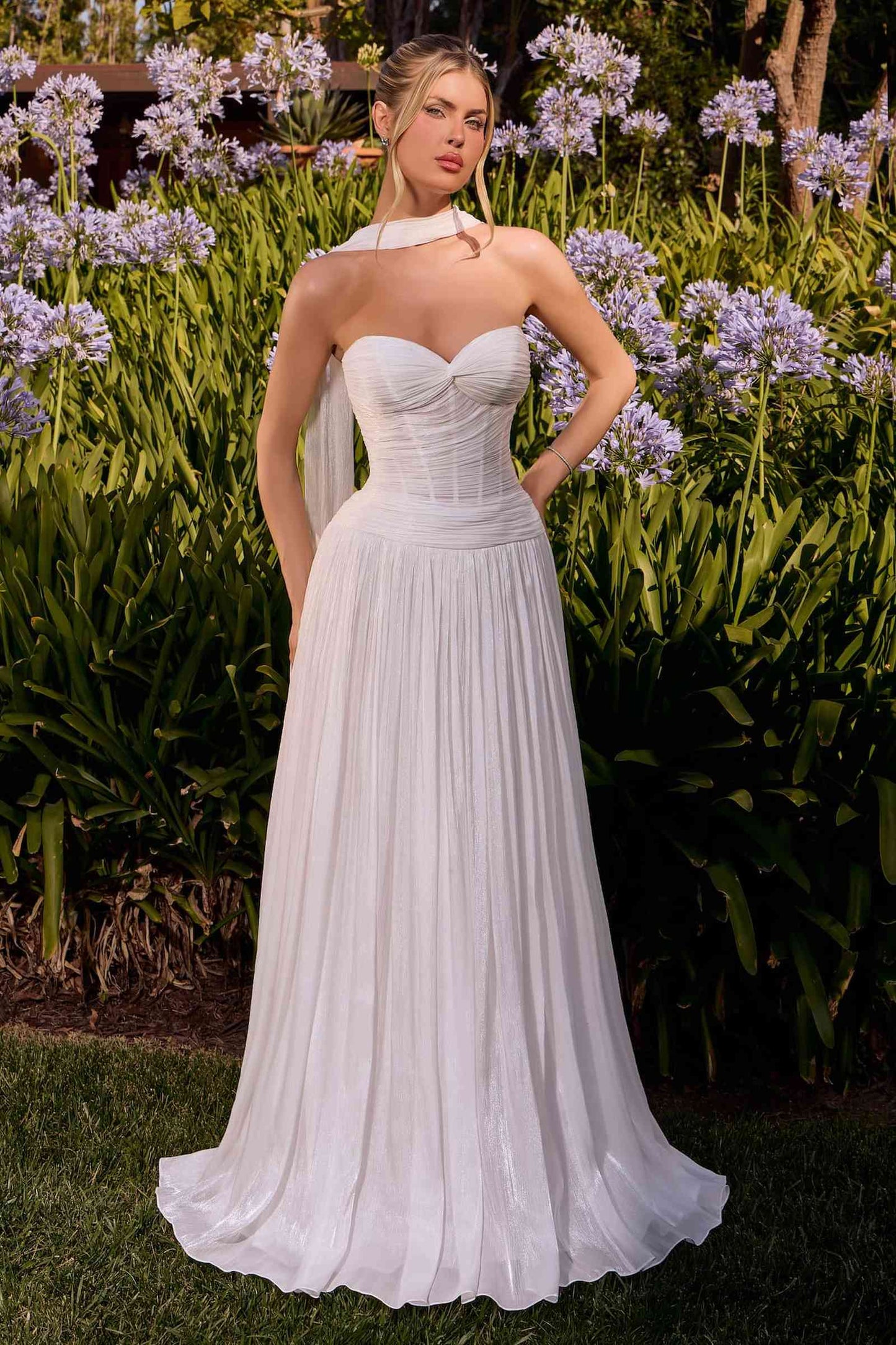 Ladivine CD414W Shimmering A-Line Strapless Sweetheart Pleated Gown