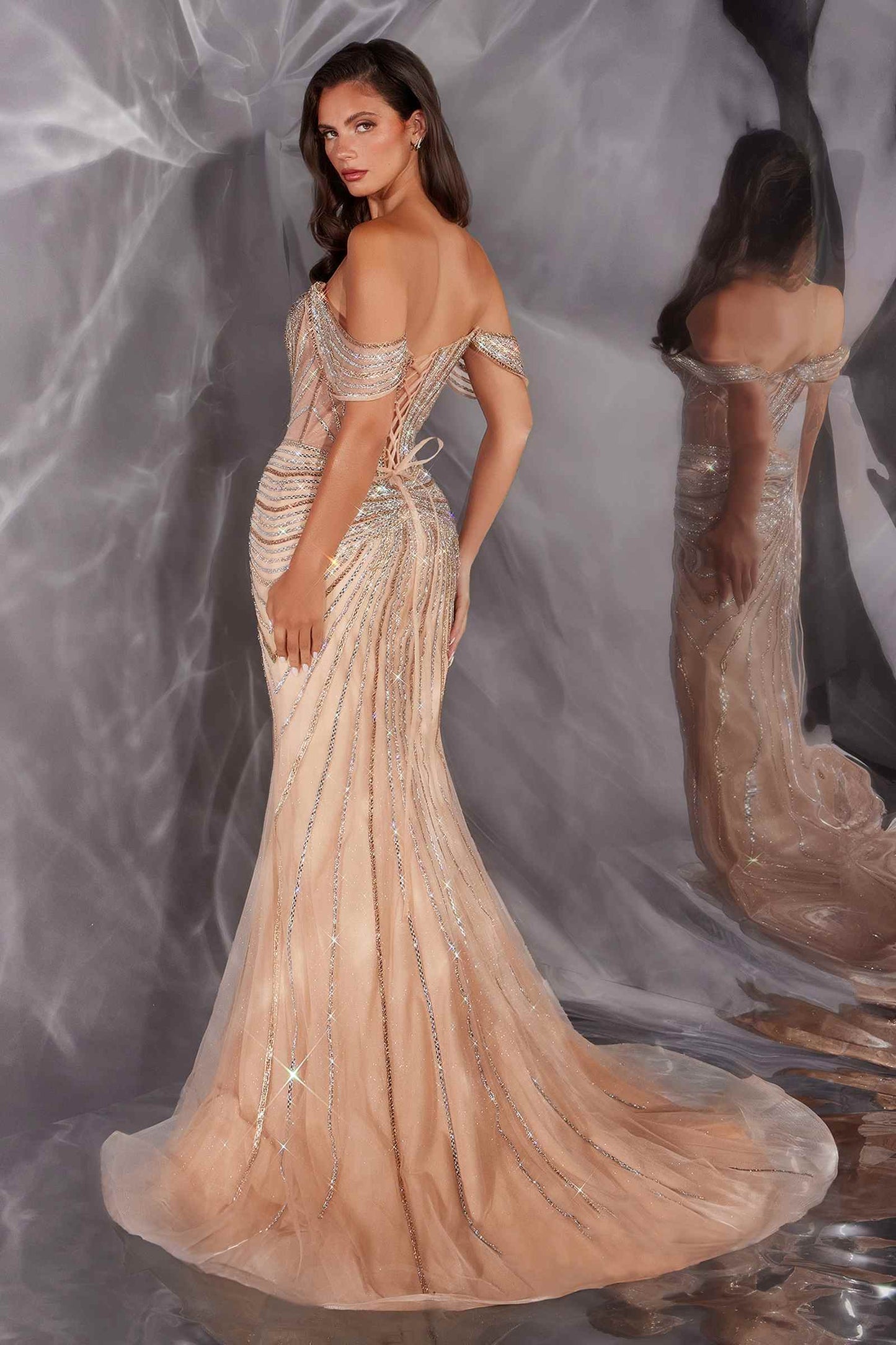 Ladivine CD654 Off Shoulder Glitter Fitted Corset Bodice Mermaid Gown
