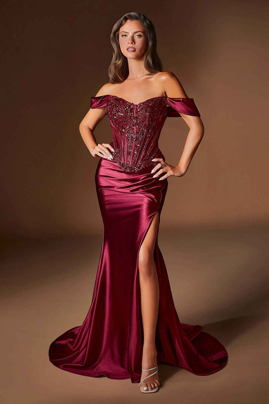 Ladivine CD656 Off the Shoulder Embellished Corset Bodice Fitted Gown