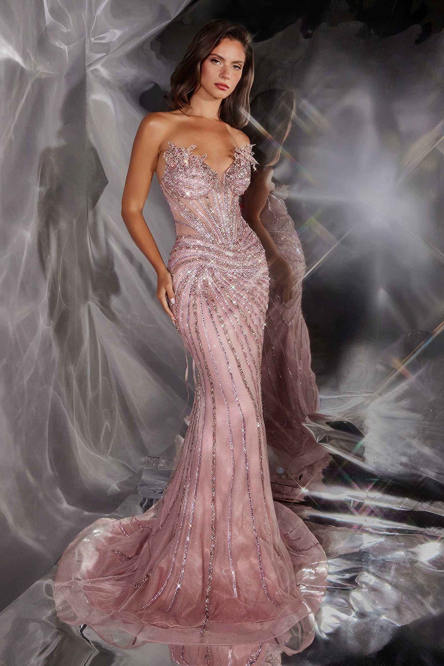 Ladivine CD715 Radiant Linear Beaded Strapless Mermaid Gown