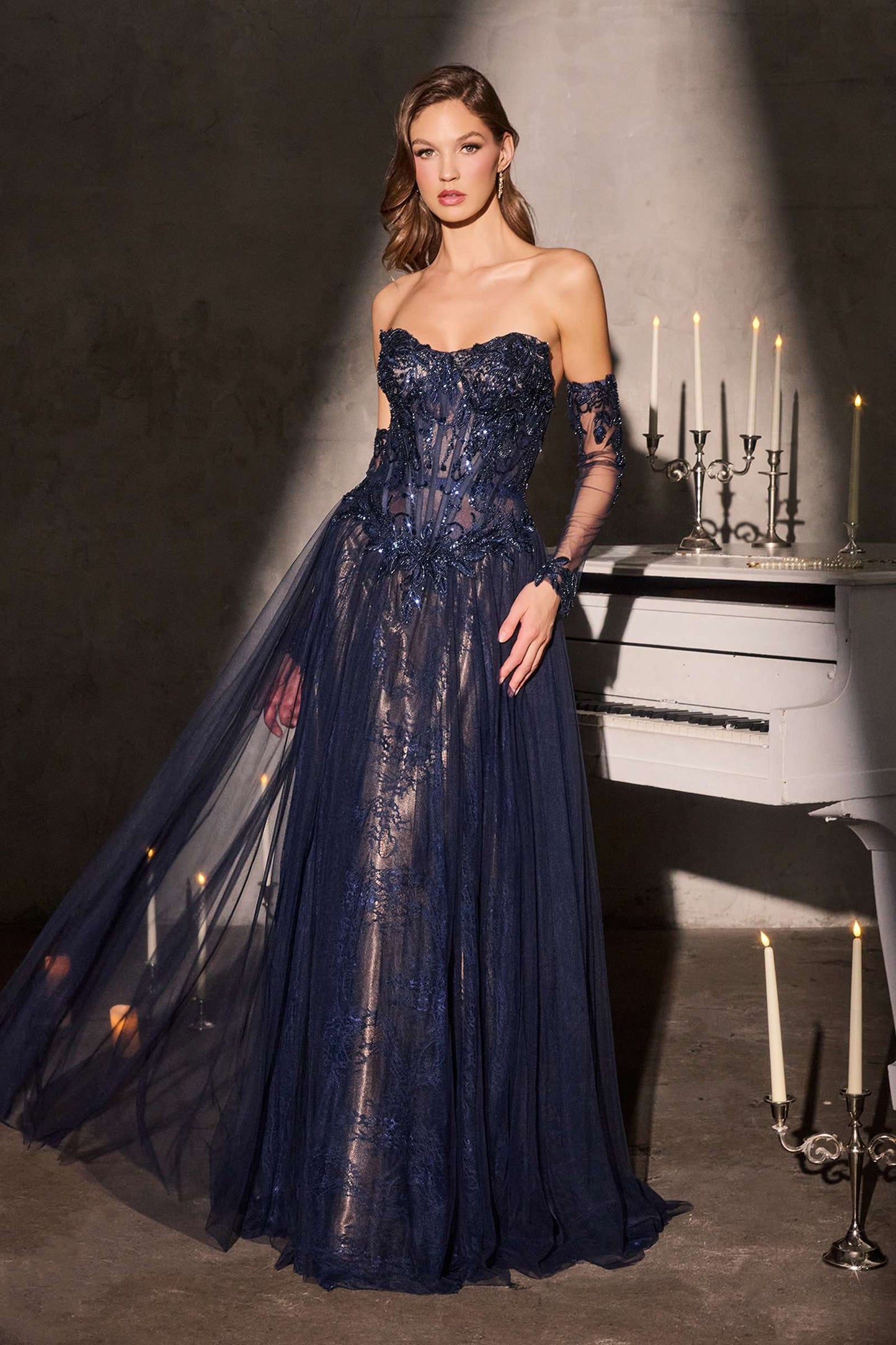 Ladivine CD717 Strapless A-Line Gown Lace Applique Tulle Skirt