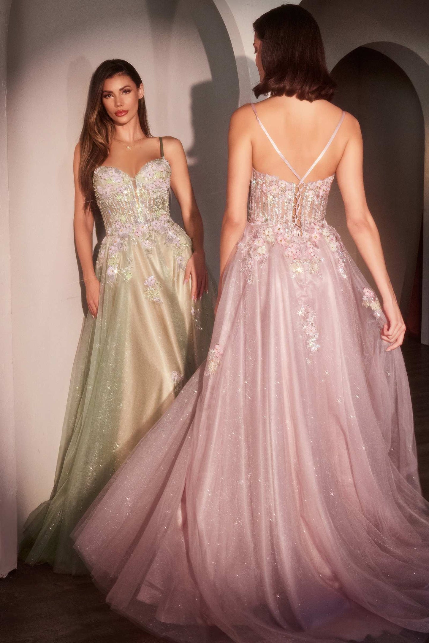 Ladivine CD740 Floral A-Line Layered Glitter Tulle Dress
