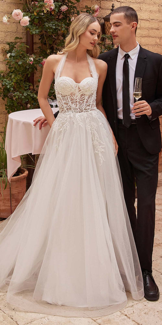 Ladivine CD827W Long Convertible Tulle Strap A-Line Wedding Ball Gown