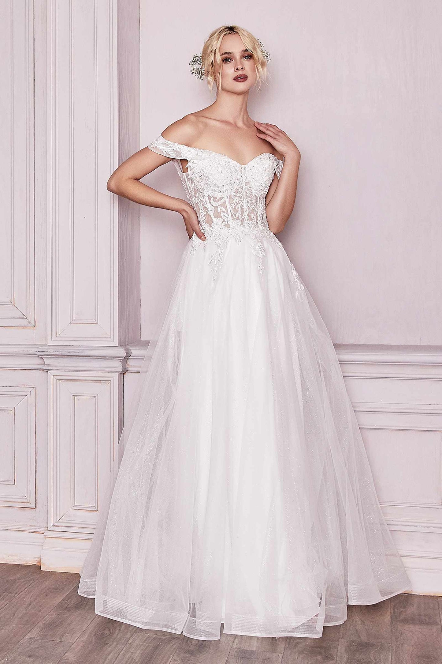 Cinderella Divine CD961W Long Lace Off the Shoulder Bridal Gown