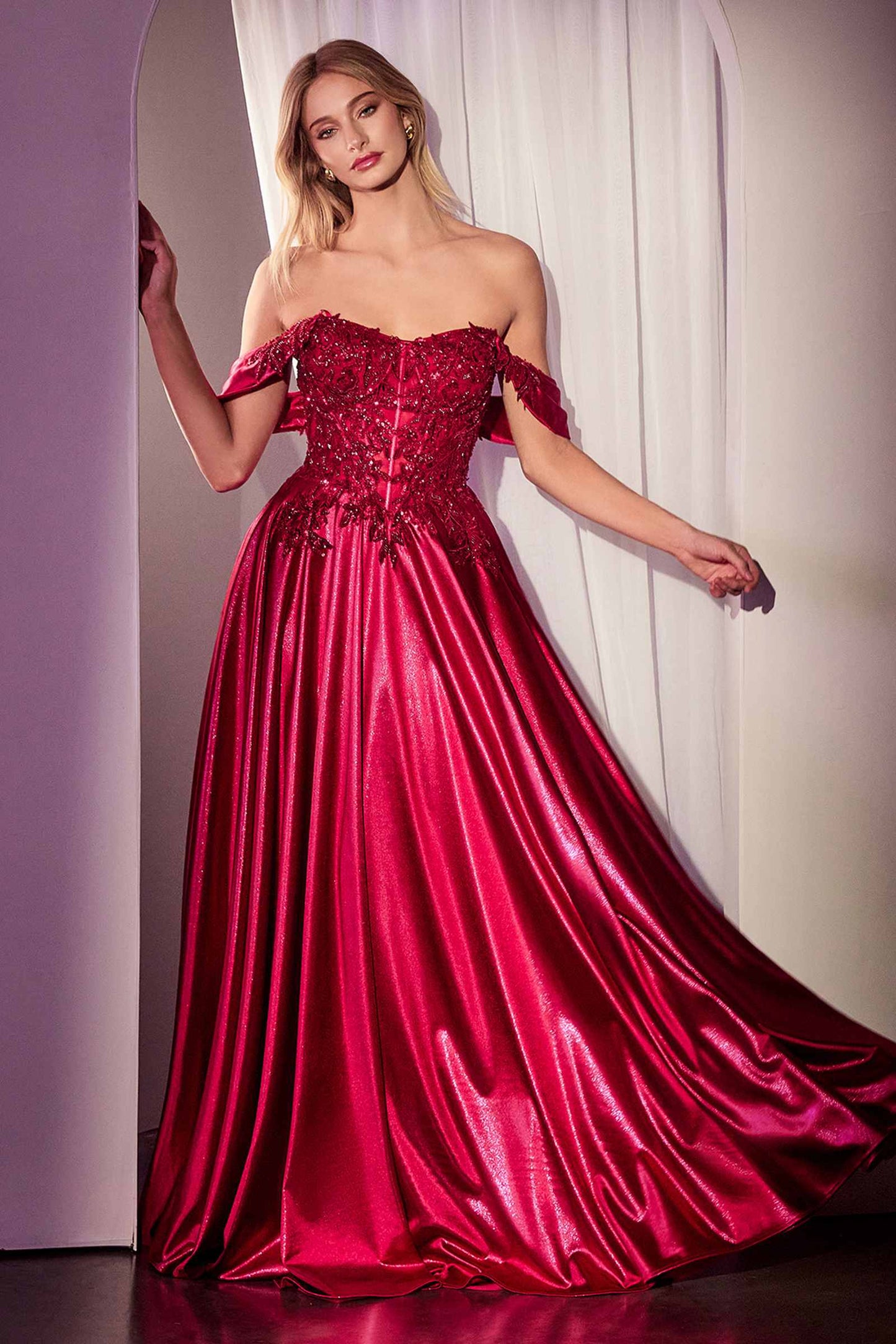 Ladivine CDS525 Dress Off The Shoulder Lace & Satin A-Line Prom Gown