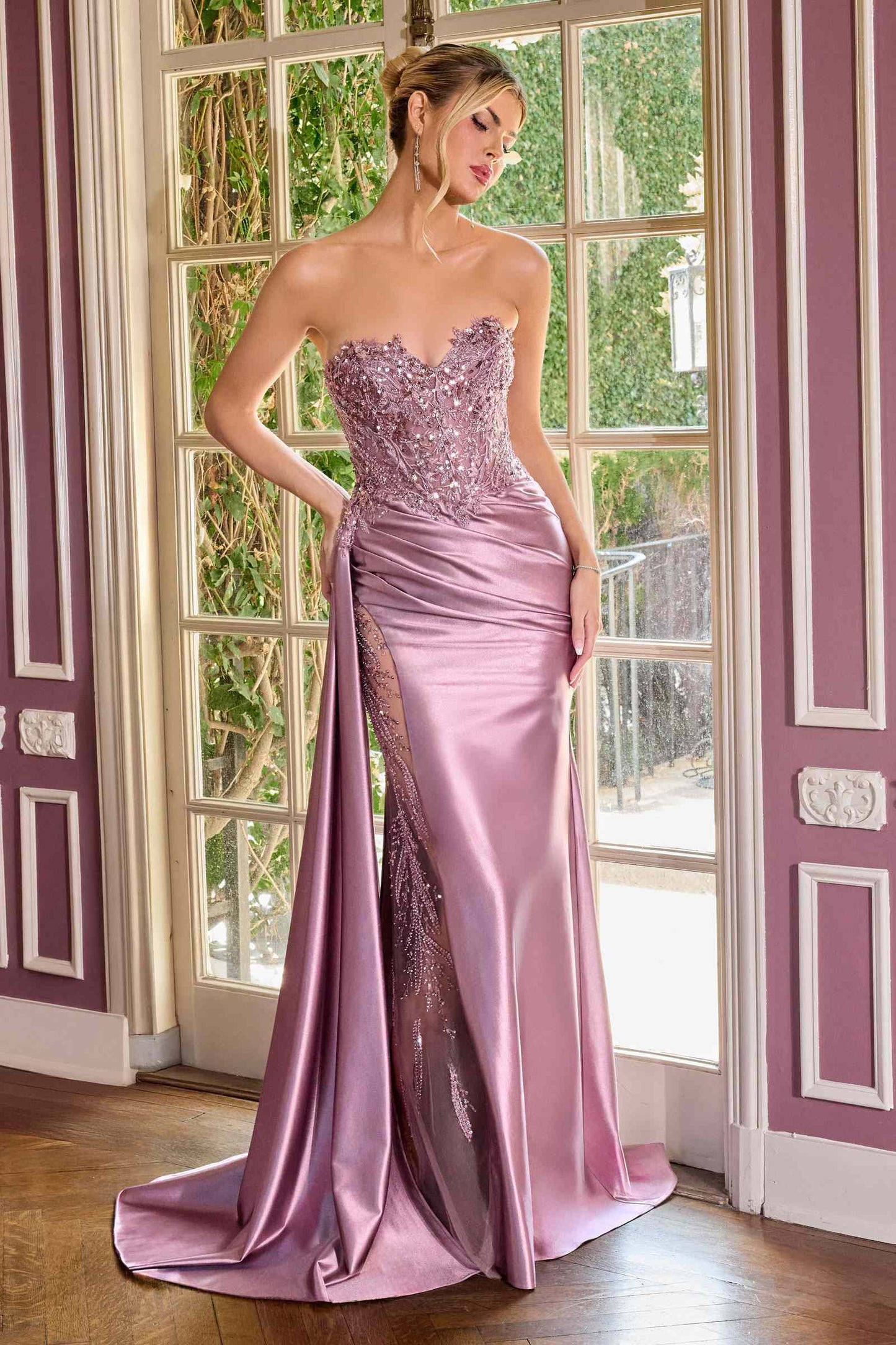 Ladivine CDS565 Sleek Satin Strapless Sweetheart Sequin Applique Gown