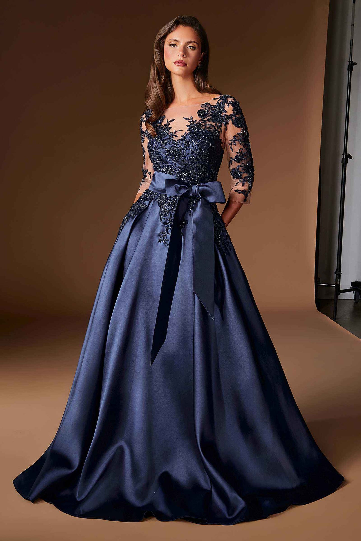 Ladivine CDS569 Three Quarter Sleeve Mikado Skirt A-Line Gown