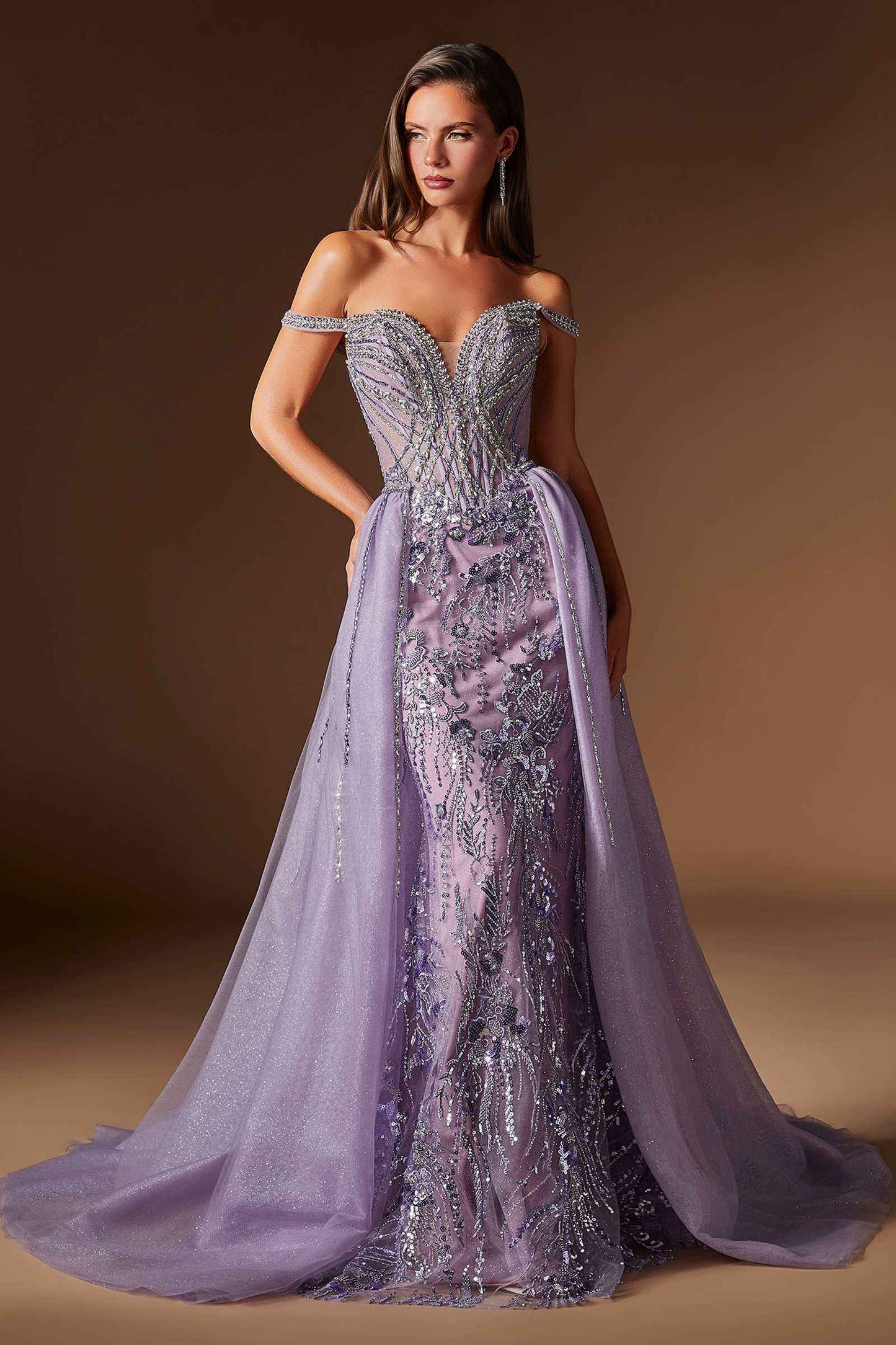 Ladivine CDS570 Fitted Formal Off Shoulder Gown with Detachable Skirt
