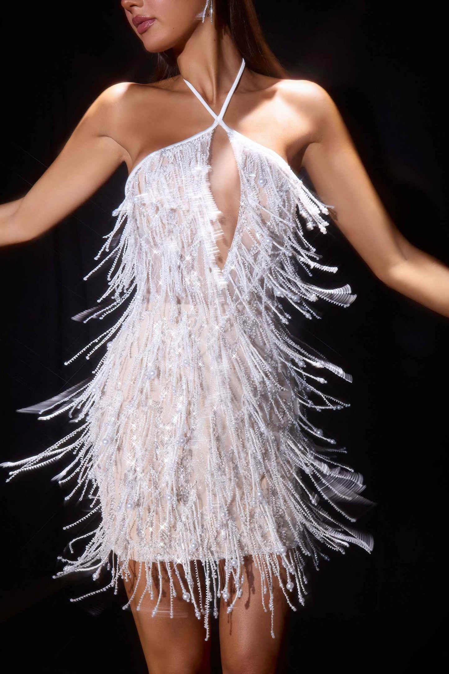 Ladivine CDS574 Fringe Beadwork Halter Fitted Mini Dress