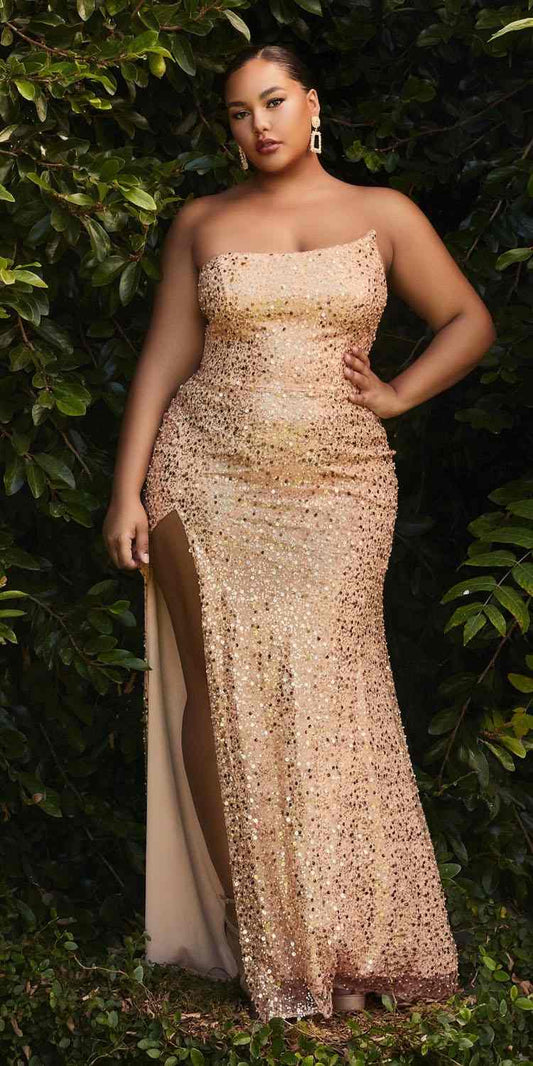 Cinderella Divine CH165C Long Strapless Asymmetrical Fitted Sequin Gown