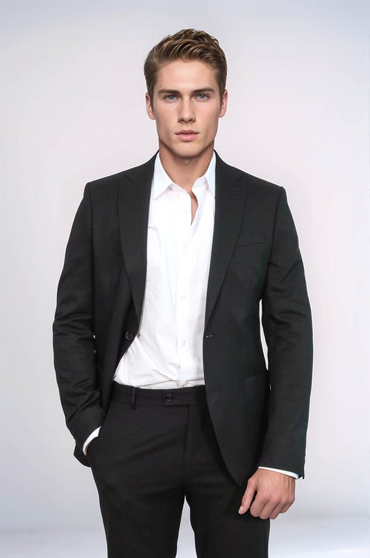 Textured Slim Fit Notch Lapel Black Men Blazer - Wessi