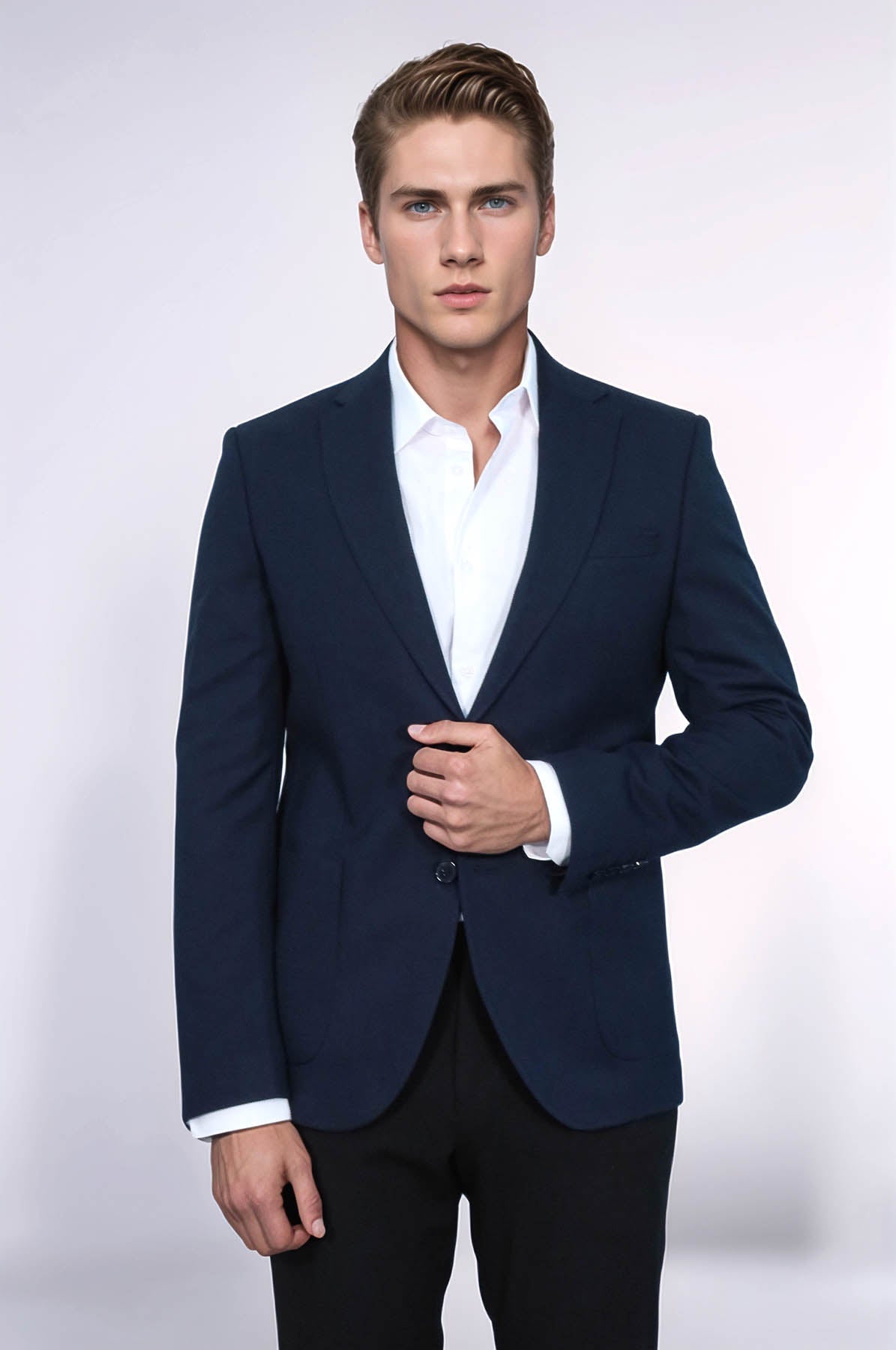 Textured Slim Fit Notch Lapel Navy Blue Men Blazer - Wessi