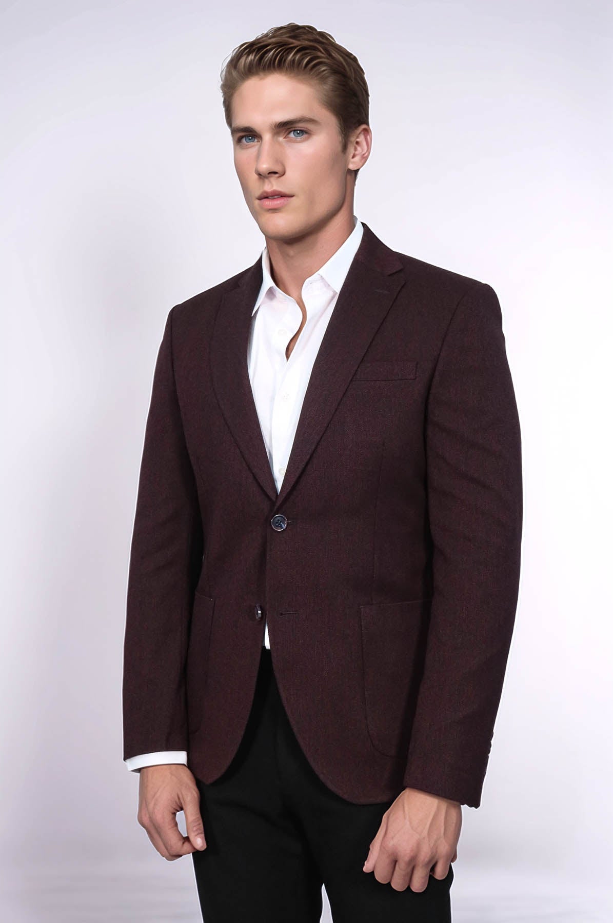 Textured Slim Fit Notch Lapel Burgundy Men Blazer - Wessi