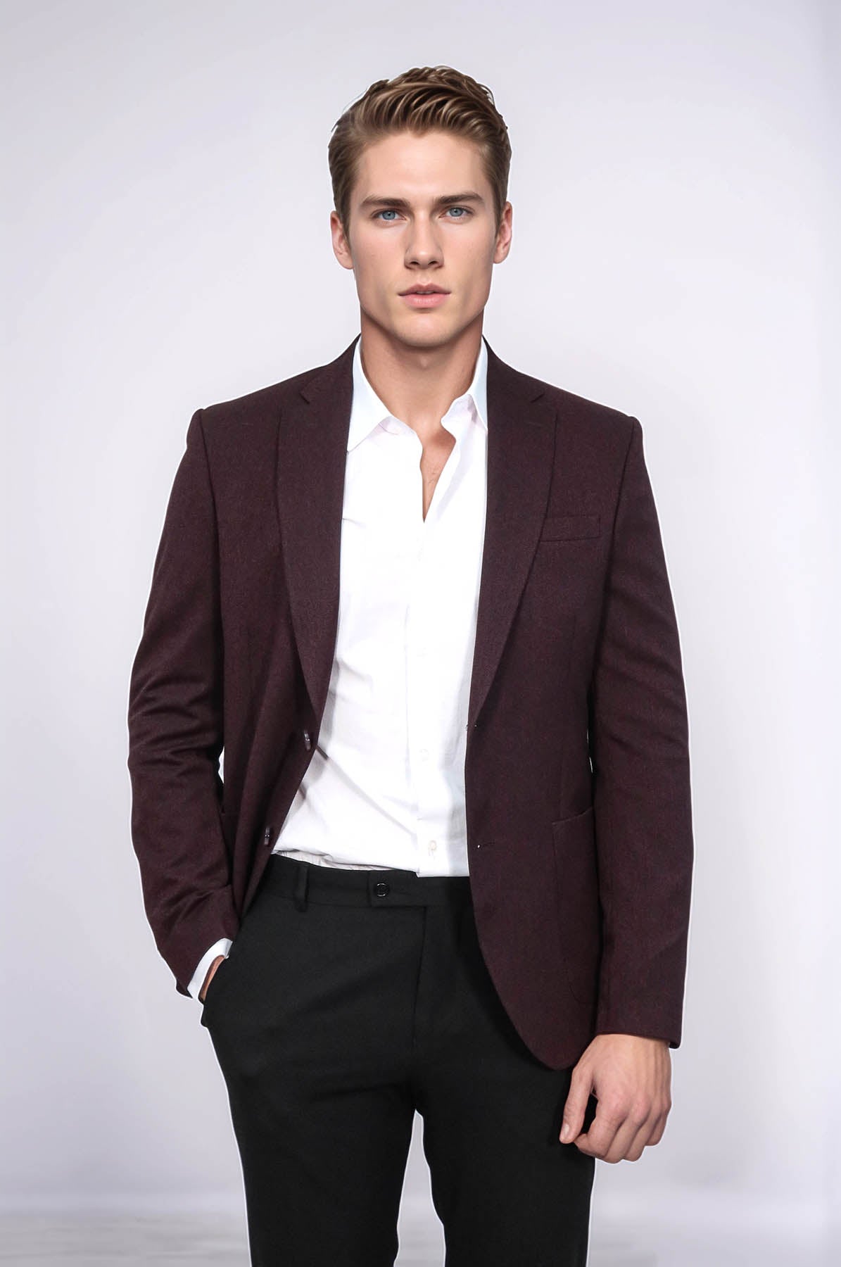 Textured Slim Fit Notch Lapel Burgundy Men Blazer - Wessi