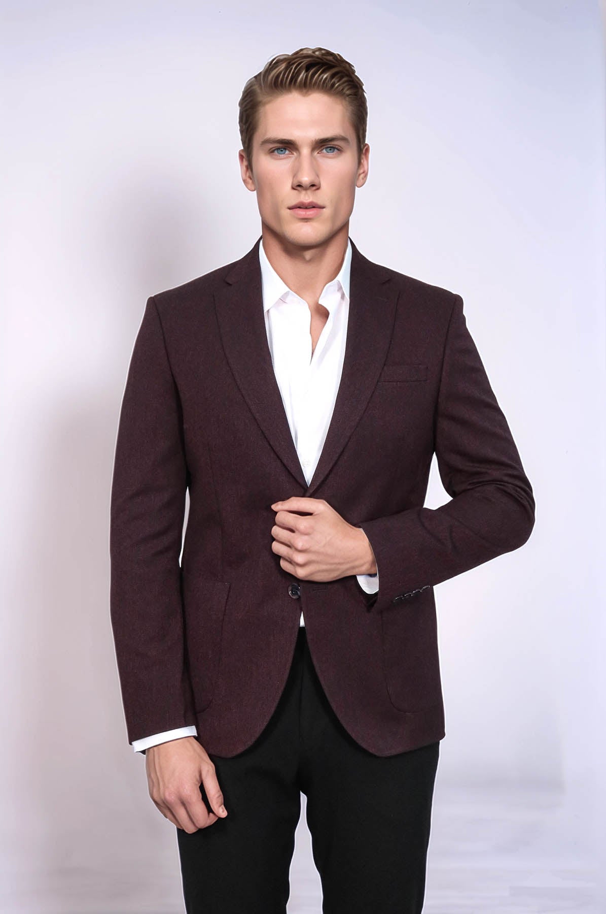 Textured Slim Fit Notch Lapel Burgundy Men Blazer - Wessi