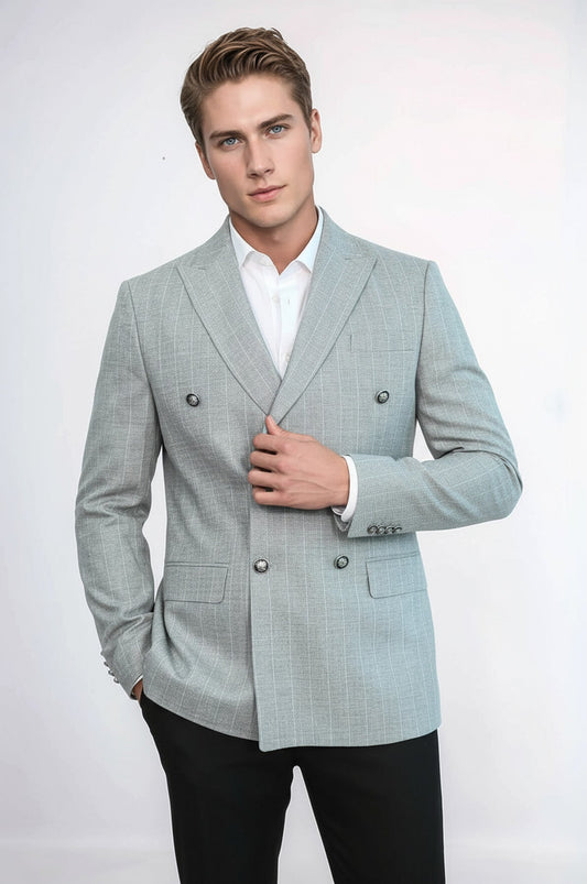 Double Breasted Slim Fit Striped Grey Men Blazer - Wessi