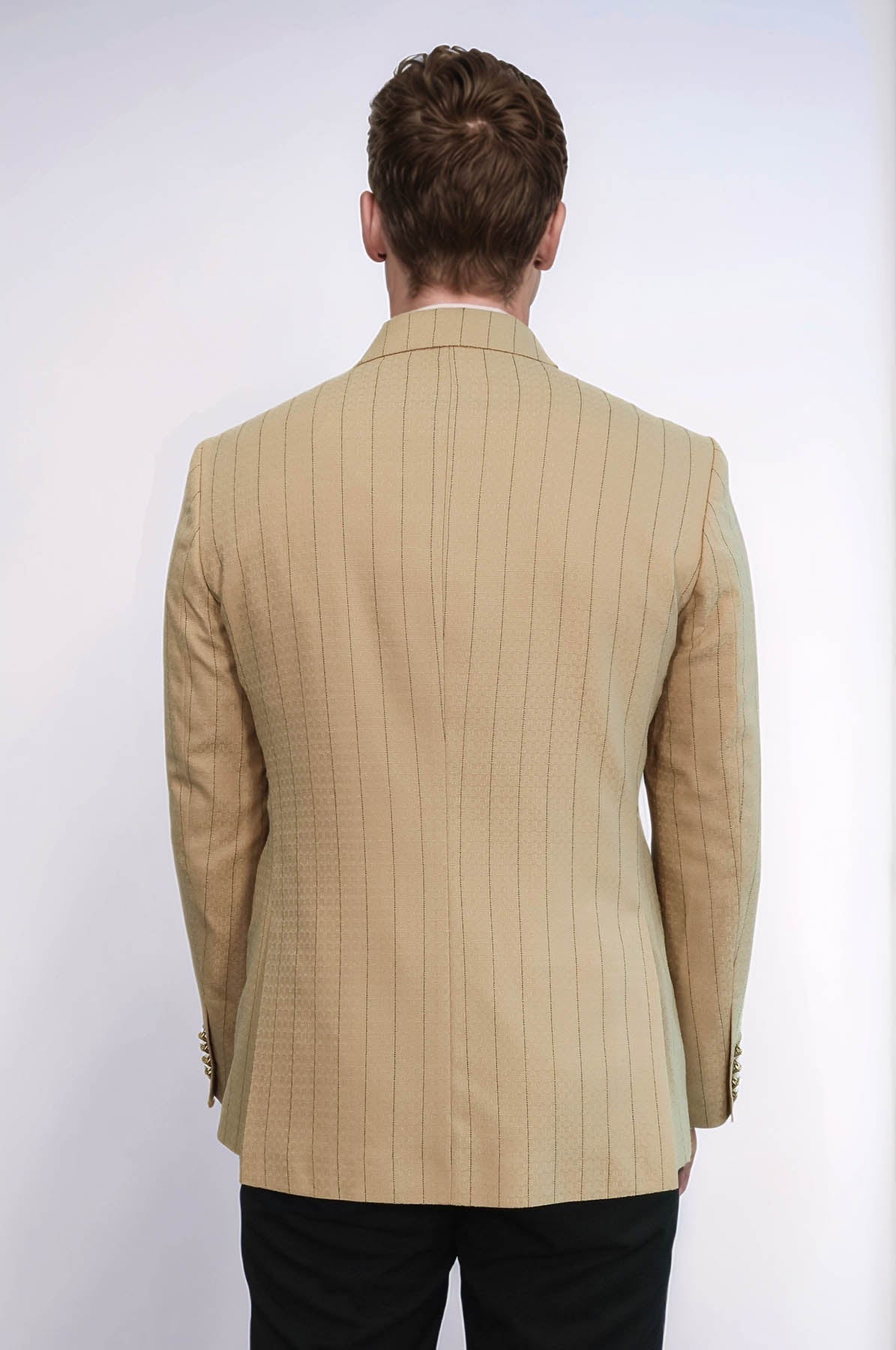 Double Breasted Slim Fit Striped Cream Men Blazer - Wessi