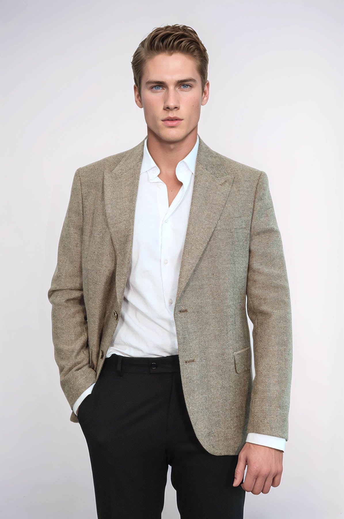 Houndstooth Pattern Wool Cream Men Blazer - Wessi