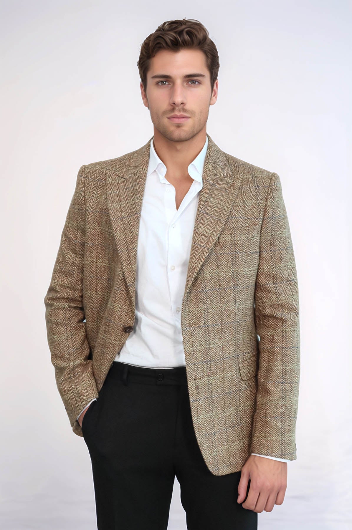 Herringbone Slim Fit Wool Tan Men Blazer - Wessi