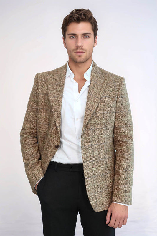 Herringbone Slim Fit Wool Tan Men Blazer - Wessi