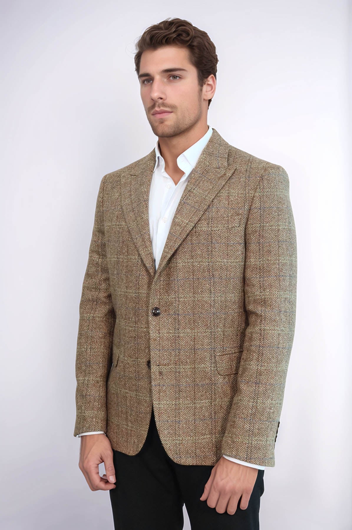 Herringbone Slim Fit Wool Tan Men Blazer - Wessi