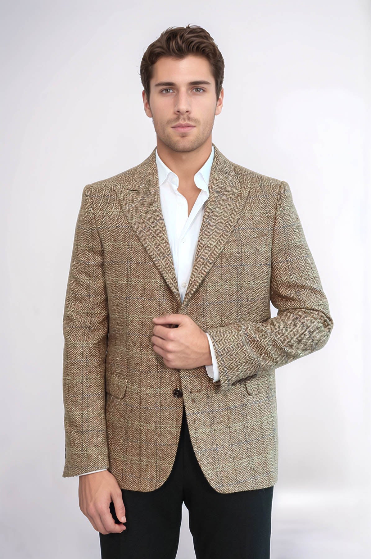 Herringbone Slim Fit Wool Tan Men Blazer - Wessi