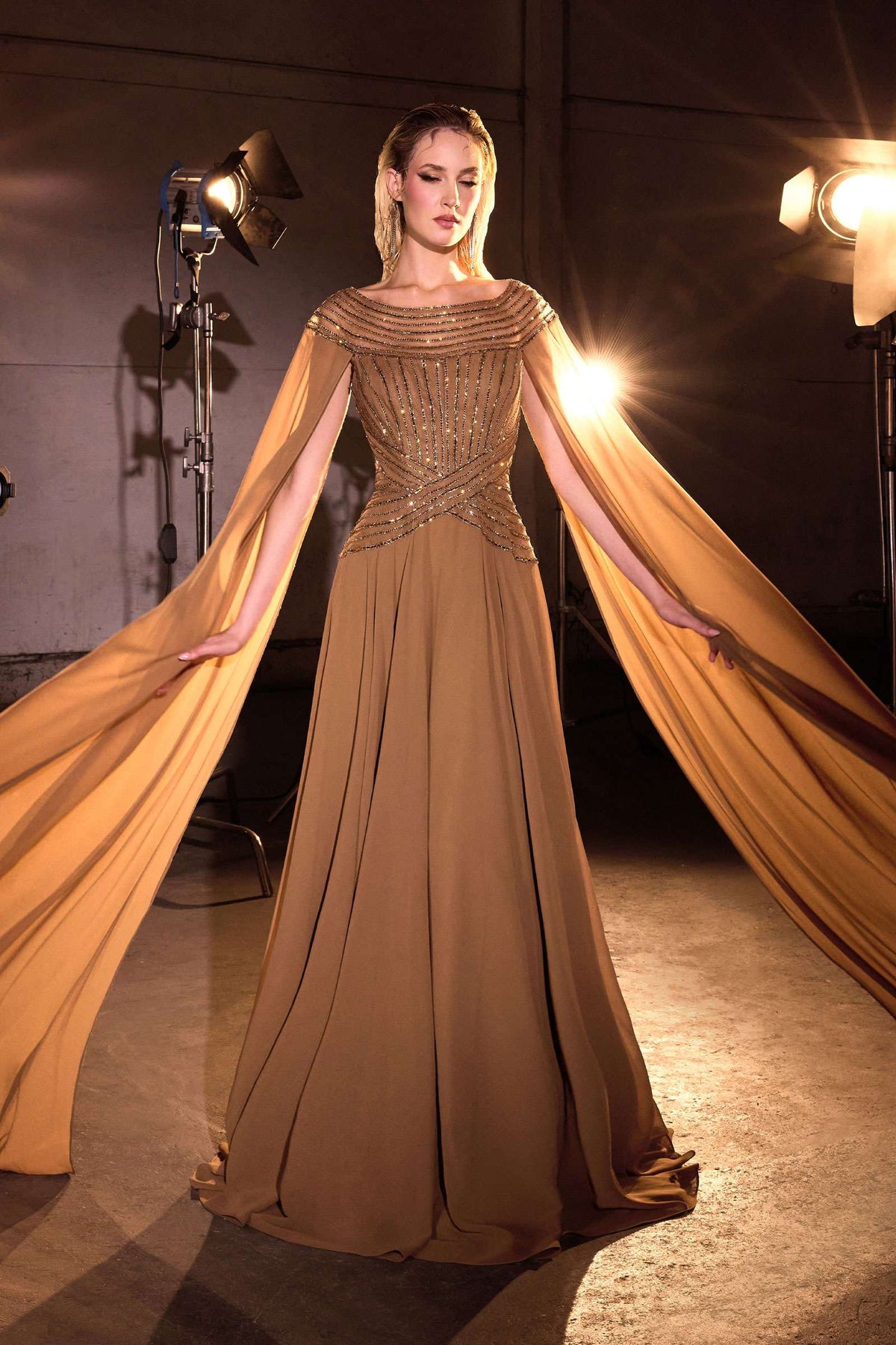 Ladivine CL08 Long A-Line Chiffon Flowing Cape Evening Gown