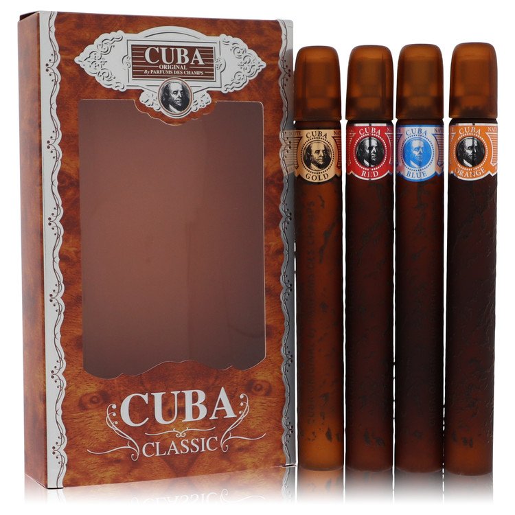Coffret Cuba Gold par Fragluxe – Le lot découverte Cuba comprend les quatre vaporisateurs de 32 ml, Cuba Red, Cuba Blue, Cuba Gold et Cuba Orange pour hommes.