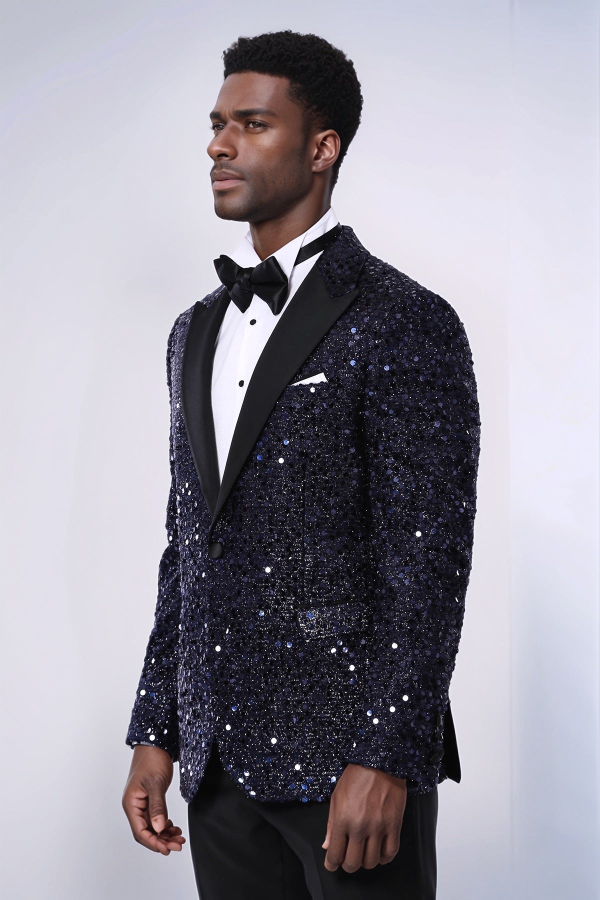 Navy Blue Sequin Patterned Party Blazer | Wessi